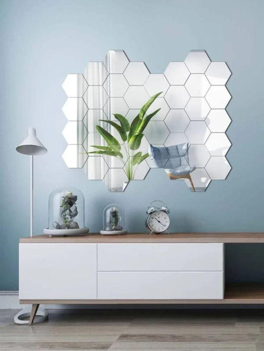 Hexagon Silver Mirror Stickers 32 pieces (10x12cm Each) for Wall Decoration